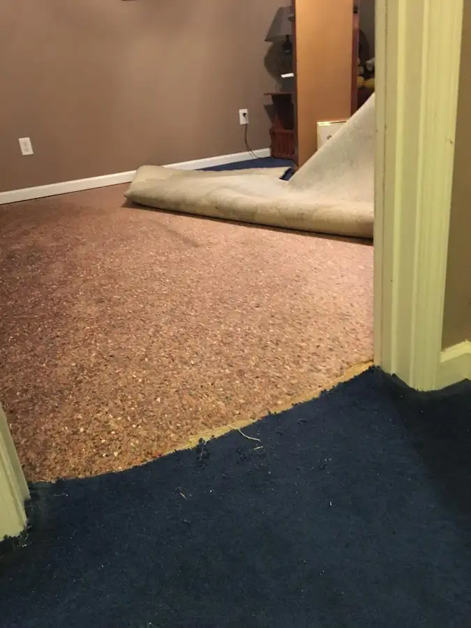 Carpet pad removal revealing water damage during Water Mitigation Services in Robbinsville